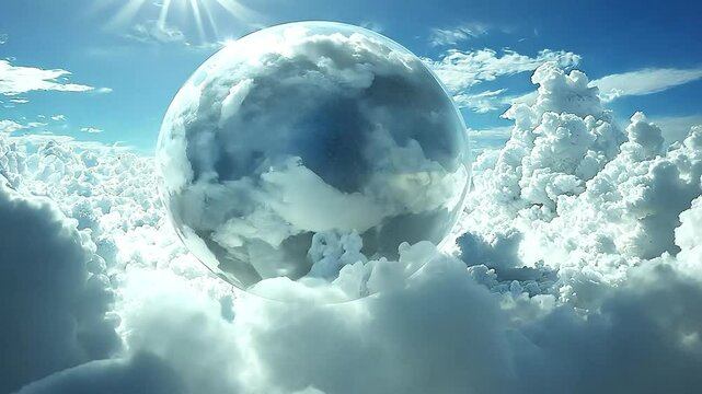 Floating sphere in cloudscape, ethereal scene. - Powered by Adobe