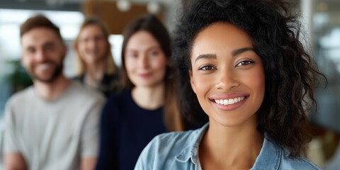 Smiling african female leader with diverse team in office