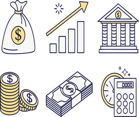Vector Finance Icon Set | Money Bag, Coins, Bar Chart, Calculator and Banking Symbols for Fintech, Business, and Accounting