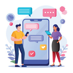 People communicating through a large smartphone flat design