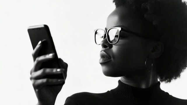 A woman looking at her cellphone. She appears to be focused on the screen, possibly texting or browsing. This image captures the prevalence of smartphones in contemporary culture.
