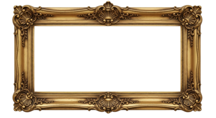 Ornate gold picture frame with blank space for text or image isolated PNG with Transparent Background