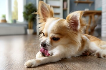 Chihuahua licking paw on wooden floor indoors
