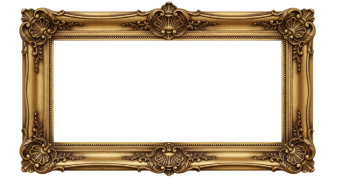 Ornate gold picture frame with blank space for text or image isolated PNG with Transparent Background