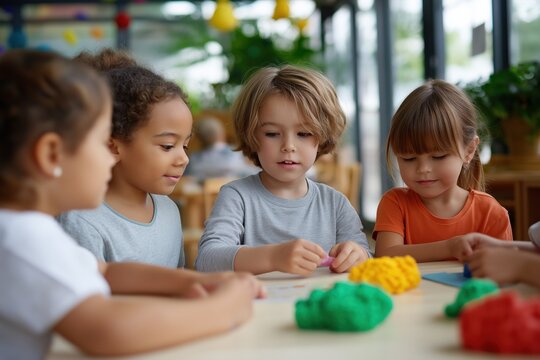 Diverse children engaged in playful learning with colorful clay in classroom setting