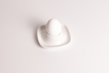 Simple white egg resting in a minimalistic holder on a plain background at a bright kitchen table