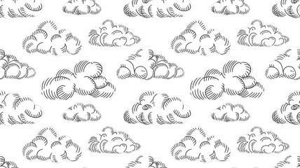 Artistic cloudscape pattern features various hand-drawn, fluffy white clouds against a solid black background, ideal for creative projects.