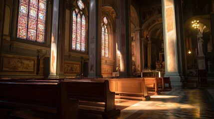 Fototapeta premium Wide-angle cathedral interior bathed in warm light