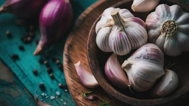 A close-up of a group of garlic bulbs and onions, ready for use.