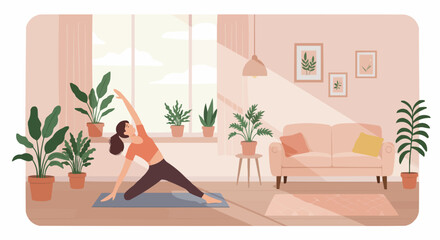 Woman practicing yoga at home, sunlight streaming through window, surrounded by houseplants.
