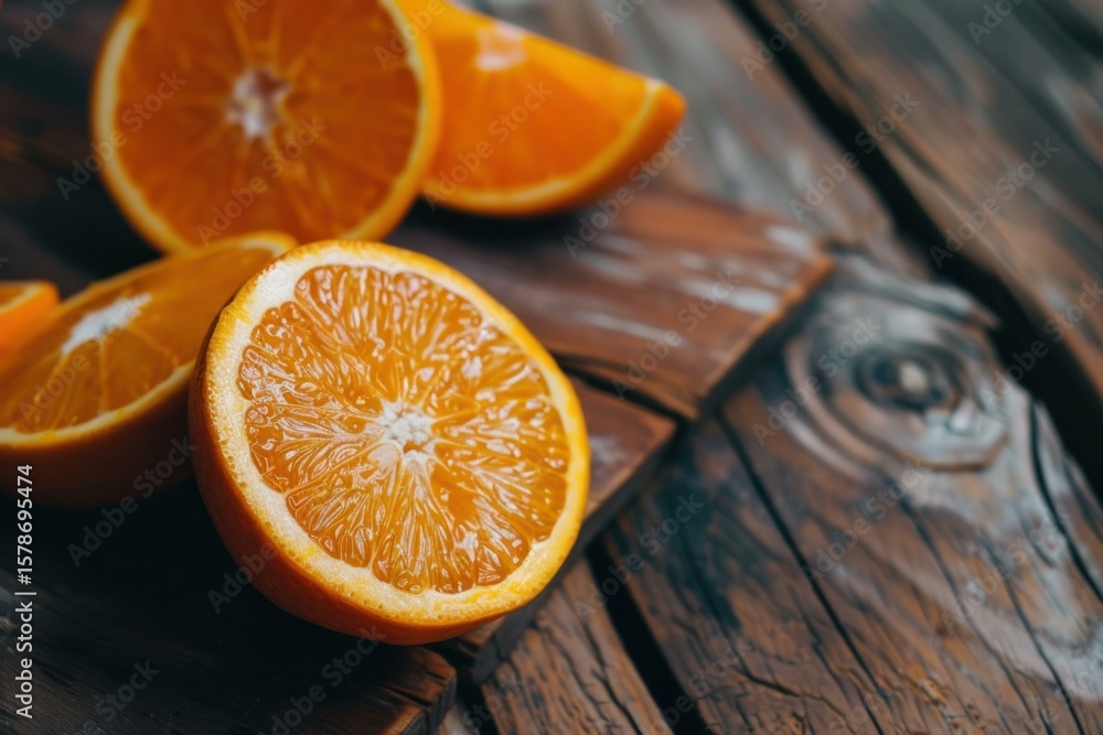 Poster orange halves and slices bring a burst of color and freshness to a rustic wooden table, creating a v