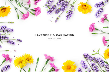 Floral frame with lavender, garden carnation and yellow flowers photography isolated on white...