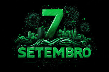 Illustration of Brazil Independence Day with bold green 7 de Setembro lettering, fireworks, stylized flag waves, and city skyline on dark background