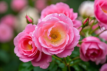 Delicate pink roses with water droplets in a garden