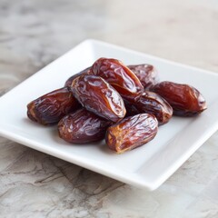 Fresh Medjool Dates Piled on a Square Plate with Neutral Background
