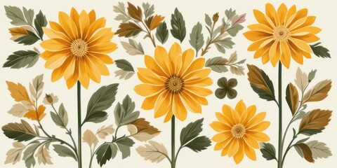  Folk Art Dahlia Motif Hand painted Dahlias with Stylized Leaves in Warm Tones
