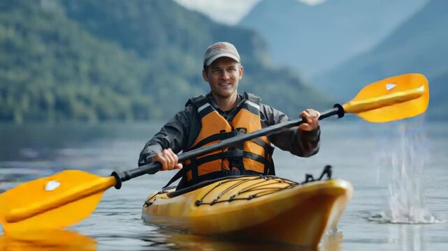 Smiling man in orange kayak on calm lake with mountain backdrop.
