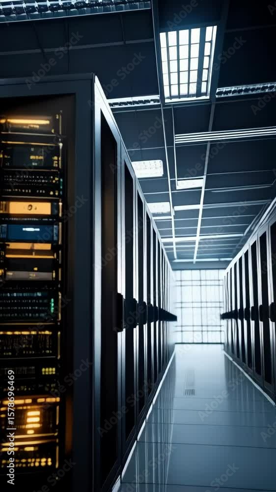 Poster data center filled with computer servers in racks, arranged in neat rows, showcasing networking equi