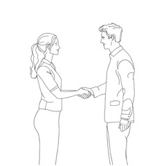 Fototapeta premium Continuous line drawing of young manager handshake his female worker to congratulate her dealing a project