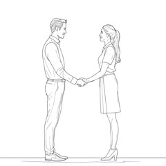 Continuous line drawing of young manager handshake his female worker to congratulate her dealing a project