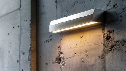 A modern minimalist metal wall lamp casting a warm glow on a raw, textured concrete wall, showcasing a contrast of industrial and contemporary interior design