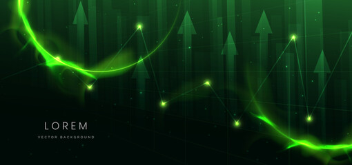 Arrow up finance chart stock market growth glowing light effect on dark green background.