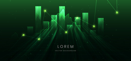 Finance chart stock market growth glowing light effect on dark green background. Business investment concept.