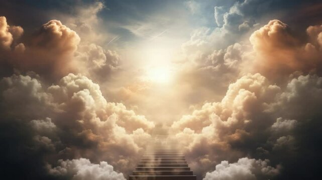 A surreal video concept of a heavenly staircase ascending through dramatic clouds, captured from a low angle, emphasizing ethereal light and depth. Live desktop wallpaper.