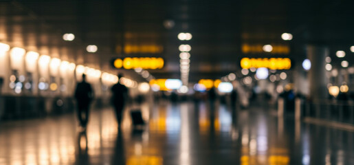 People walking in a blurred airport terminal with luggage and signs.