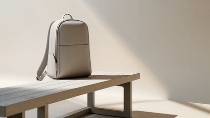 A stylish and modern minimalist backpack sitting on a bench, with a strong diagonal light and shadow creating a clean and sophisticated product shot