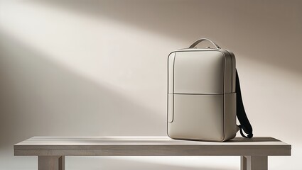 A stylish and modern minimalist backpack sitting on a bench, with a strong diagonal light and shadow creating a clean and sophisticated product shot