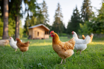 Fototapeta premium Free range chickens foraging in sunny yard near wooden cabin