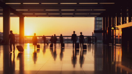 Silhouetted people with luggage walk in airport terminal at sunset.