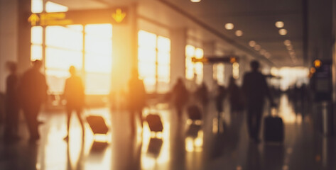 Obraz premium Blurred figures walk in airport terminal with sunlight streaming through large windows.