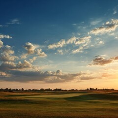 Serene Sunset Landscape with Clouds Over Fields and Tranquil Sky