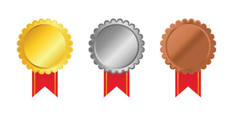 Gold, Silver, and Bronze Award Medals with Scalloped Edges and Red Ribbons