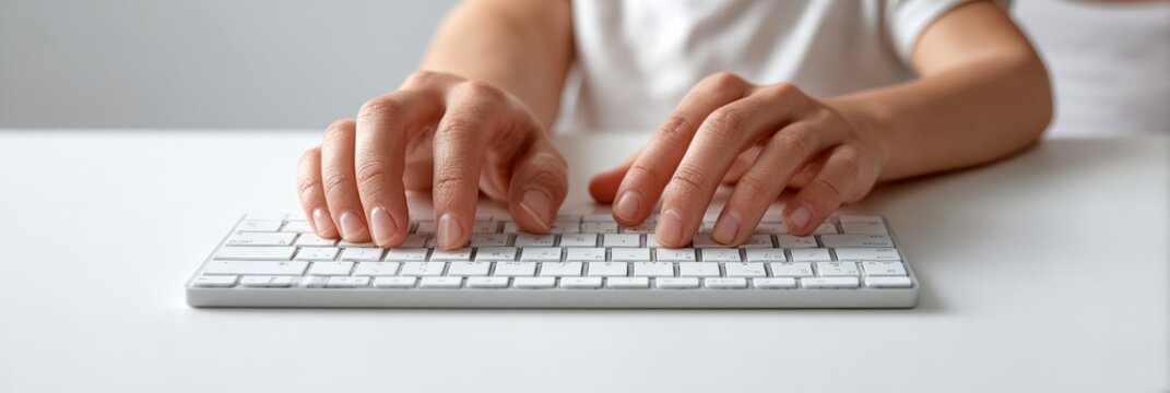 Female programmer or writer working on a white wireless keyboard on a white desk, representing remote work, digital nomad lifestyle, online education, or work from home concepts