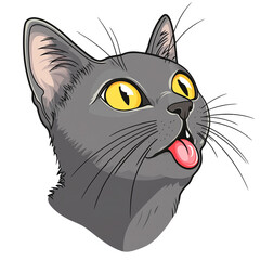Obraz premium A black cat looking up with its tongue out isolated on transparent background