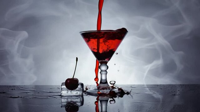 Red liquid pouring into a martini glass, splashing, with ice and a cherry