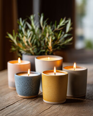 Aesthetic shot of glowing candles with various colors and a plant