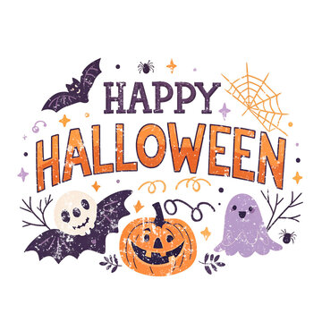 halloween text png, halloween retro decoration png, happy halloween design, vintage HLW