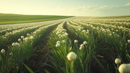 A field of white flowers in rows, bathed in soft sunlight