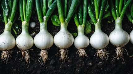 Fresh white onions in a row in dark soil