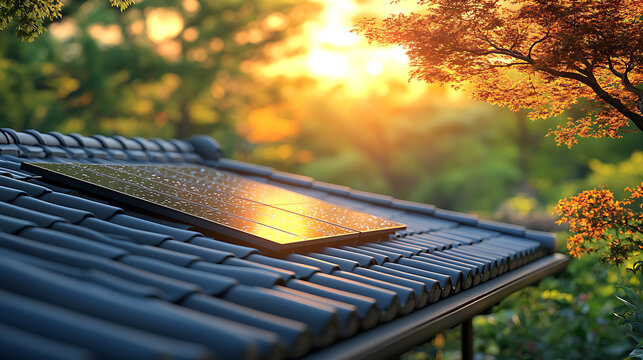 Solar panel installed on a traditional roof during sunset, surrounded by lush greenery and warm light
