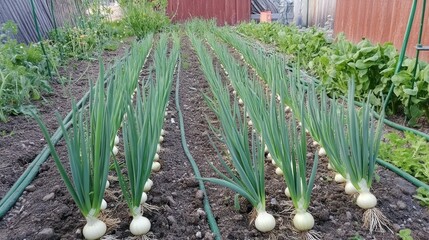 Rows of young onions in a garden bed