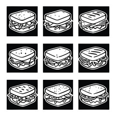 A colorful vector illustration set of deli sandwich icons including hamburgers, pizza, sandwiches, and desserts, perfect for menus and restaurant designs