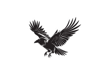 Obraz premium Black silhouette of a raven in flight with wings spread wide