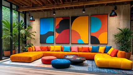 Stylish interior design with colorful artwork, vibrant furniture, and lush indoor plants