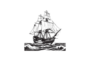 Black and white illustration of a tall ship sailing through rough seas