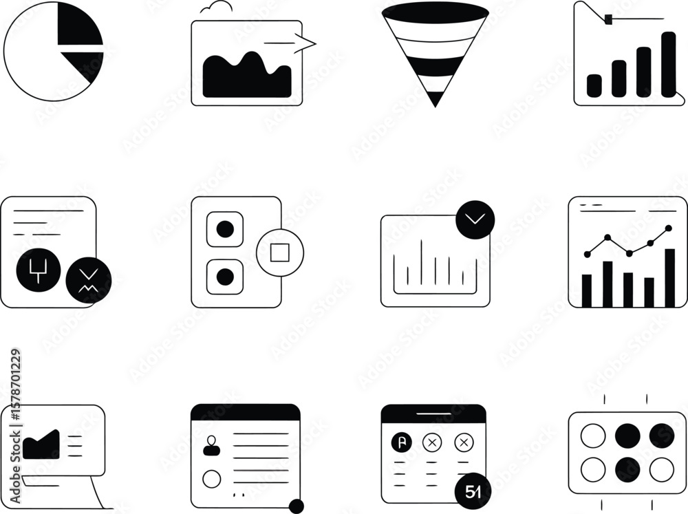 Poster collection of modern flat icons representing business analytics and data visualization